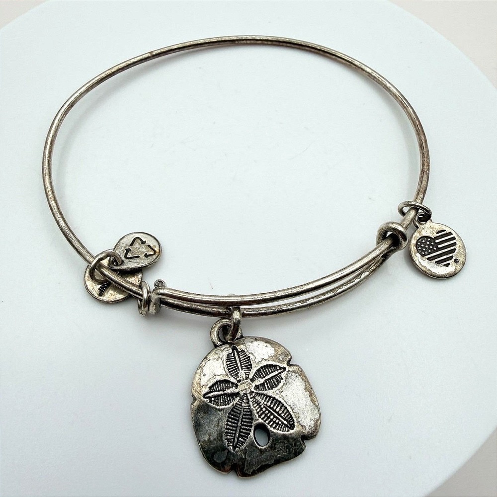 Vintage 90s Alex and Ani Sand Dollar Bangle Bracelet Silver Tone Coastal Jewelry